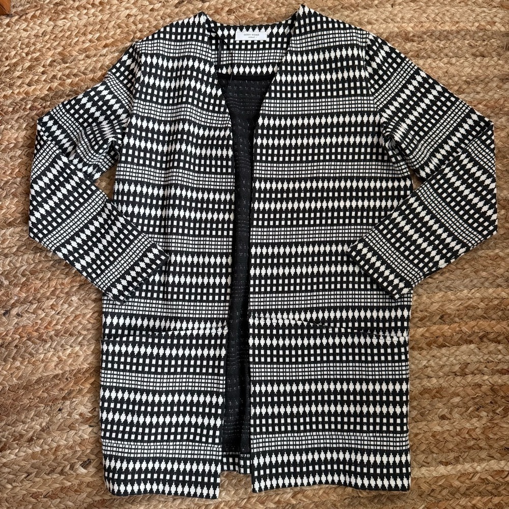 Gerry Weber Size 8 Black & White Boho Tribal Print Open Front Blazer Coat